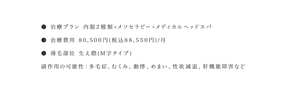 治療プラン 内服2種類+メソセラピー+メディカルヘッドスパ
治療費用 80,500円(税込88,550円)/月薄毛部位 生え際(M字タイプ)副作用の可能性：多毛症、むくみ、動悸、めまい、性欲減退、肝機能障害など