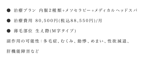 治療プラン 内服2種類+メソセラピー+メディカルヘッドスパ
治療費用 80,500円(税込88,550円)/月薄毛部位 生え際(M字タイプ)副作用の可能性：多毛症、むくみ、動悸、めまい、性欲減退、肝機能障害など